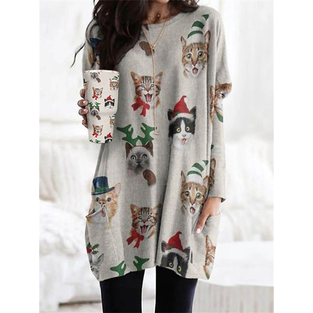 Damen-Tunika-Oberteil mit langen Ärmeln und Katzen-Print, schrulliger Rundhalsausschnitt, Herbst, Frühling, lässige Loungewear, Beige, Übergröße Lightinthebox