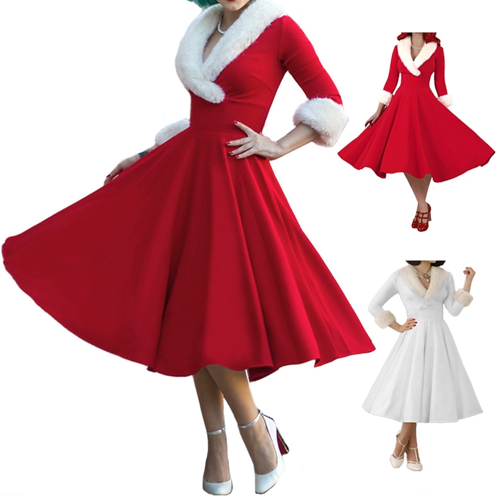 Damen Vintage Swing Kleid V-Ausschnitt Plüsch Pelzkragen und Manschetten rot weiß festlich Urlaub Party Retro Stil Midi ausgestellter Rock elegante Winter Herbst Kleidung Bekleidung Lightinthebox