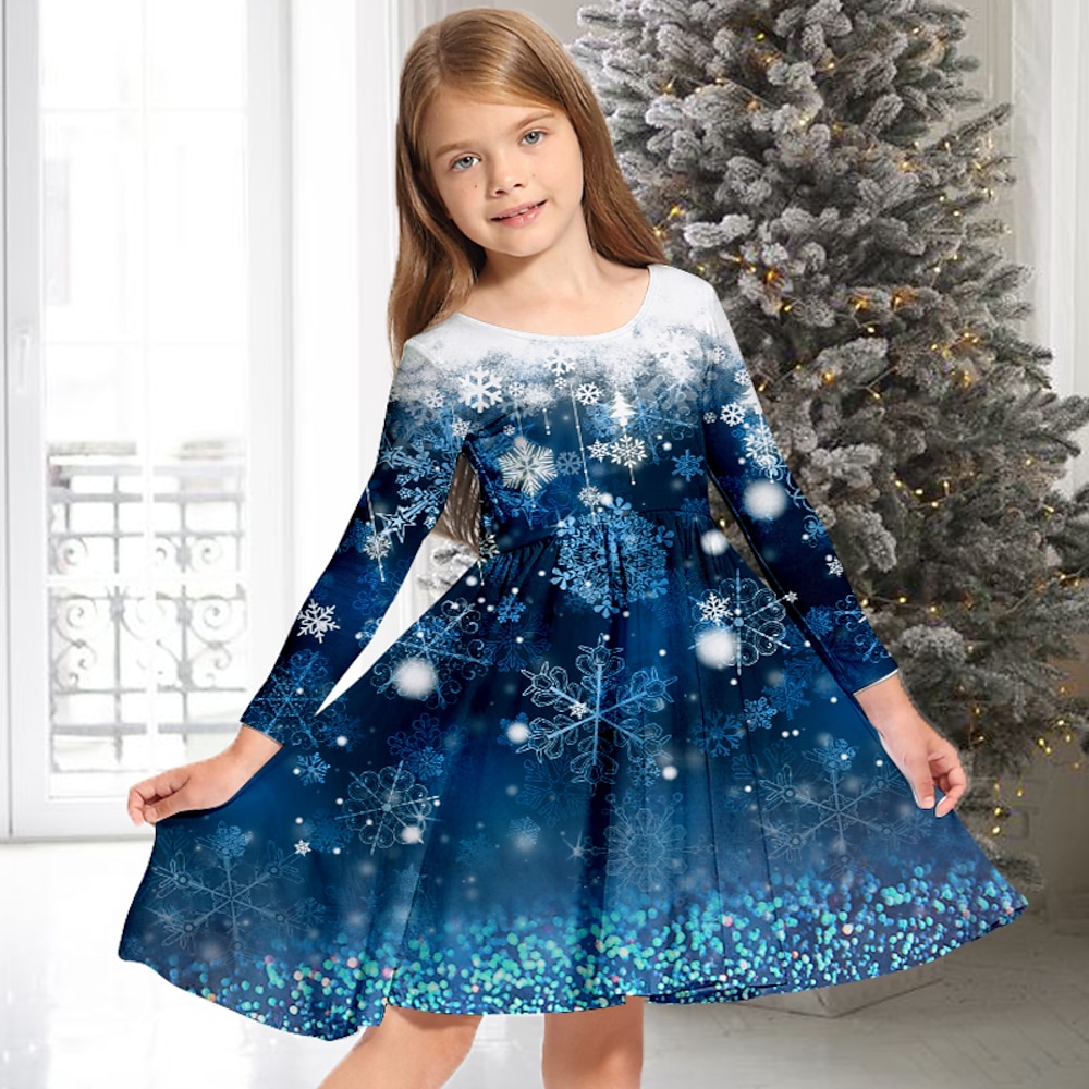 kinderkleidung Mädchen Weihnachtsoutfit Kleid Schneeflockenkleid Schneeflocke Langarm Casual Rundhalsausschnitt bezaubernd Täglich Polyester Übers Knie Casual kleid Schaukelkleid A Linie Kleid Herbst Lightinthebox