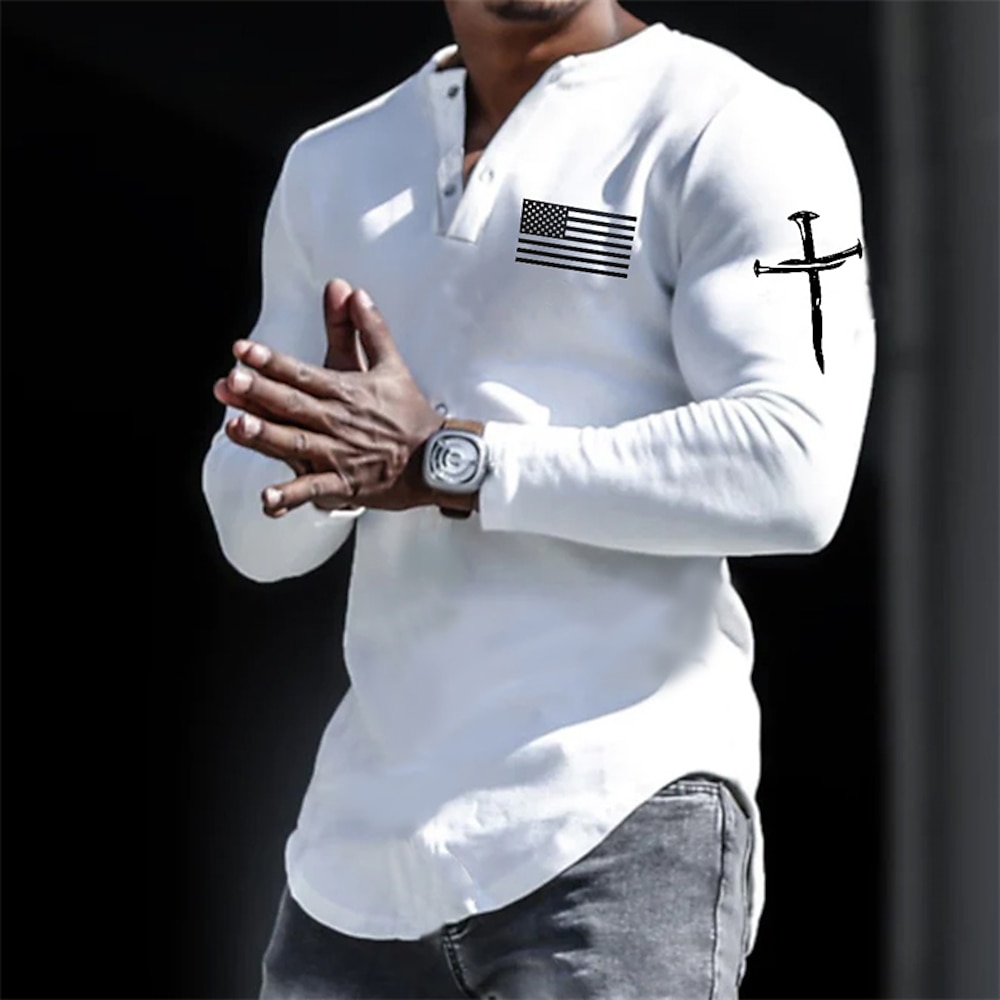 Herren Henley Shirt Cooles Hemd langarmshirt Grafik-Drucke Nationalflagge Henley Heißprägen Strasse Sport Langarm Bedruckt Button-Down Bekleidung Designer Brautkleider schlicht Komfortabel Lightinthebox