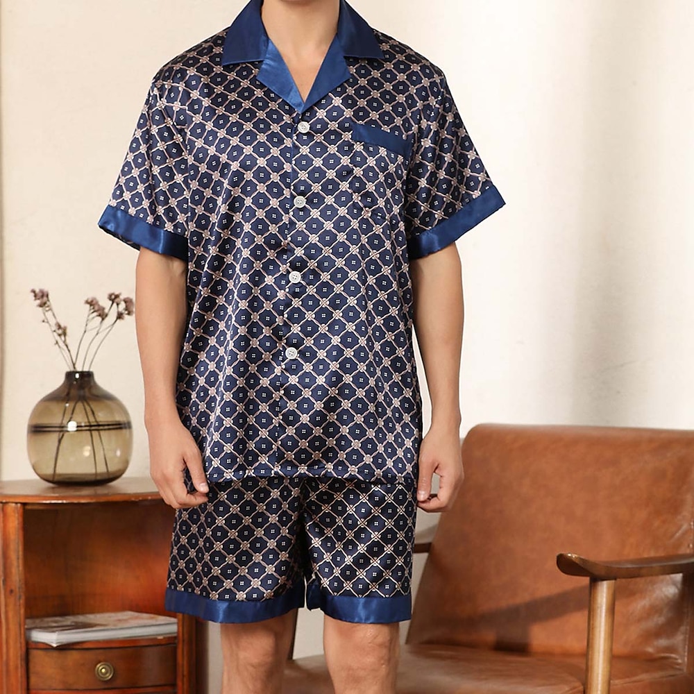 Herren Schlafanzüge Schlafanzug Set Pyjama aus Seide Pyjama-Oberteil und Shorts 1 Set Punkt Einfach Komfort Heim Täglich Kunstseide Atmungsaktiv Kargen Kurzarm Kurze Hosen Tasche Herbst Frühling Wein Lightinthebox