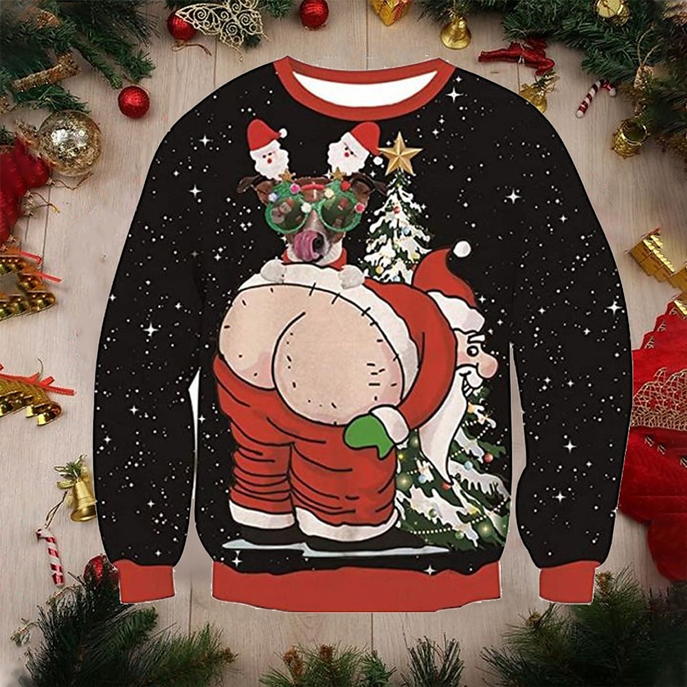 Weihnachtsmänner lustige Weihnachts-Sweatshirts mit 3D-Grafik, Pullover, grün, rot, weinrot, weiß, gelb, Rundhalsausschnitt, Weihnachtsmann-Prints, Hintern, hässliche Baumwolle Lightinthebox