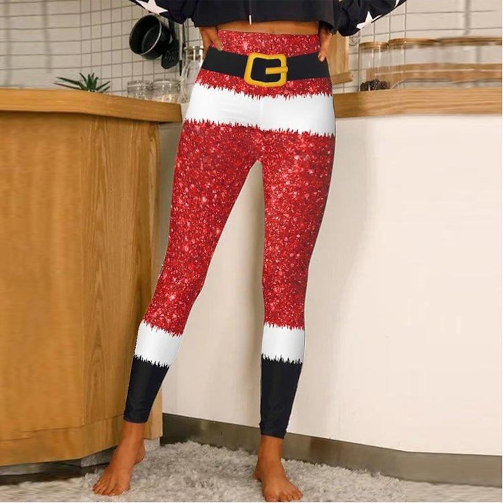 Weihnachtsleggings für Damen im Weihnachtsmannkostüm-Design, hohe Taille, rot, weiß, schwarz, dehnbar, Pailletteneffekt, Urlaubsparty, Freizeitkleidung, bequeme Passform, verschiedene Größen Lightinthebox