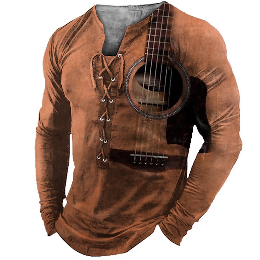 Herren T-Shirt Tee Designer Basic Klassisches Shirt Grafik Hawaii Gitarre Musikinstrument Langarmshirt Gelb Blau Hell Lila Outdoor Straße Täglich Kragen Frühling Herbst Kleidung Kleidung 3D Lightinthebox