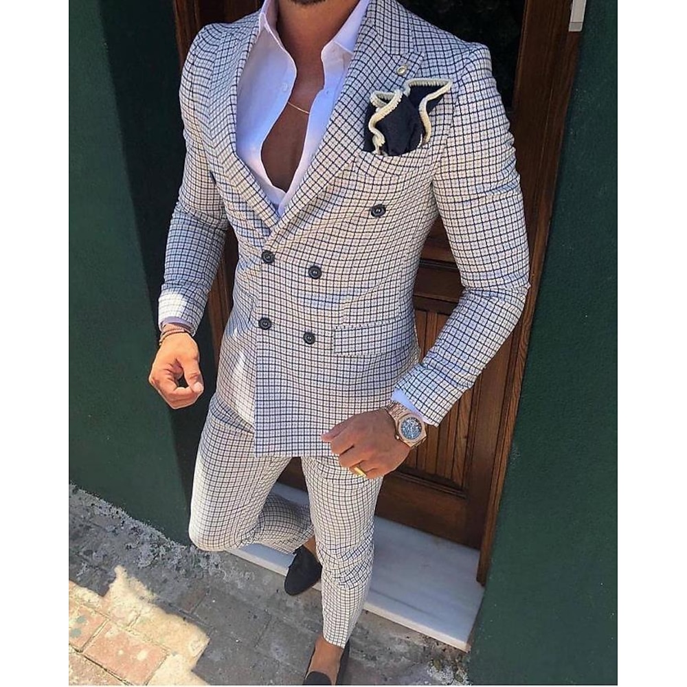 Hochzeitsanzüge für Männer Kentucky Derby Weiß Rosa Karomuster Pferderennen Standard Fit 2-teiliger Doppelreiher mit sechs Knöpfen Lightinthebox