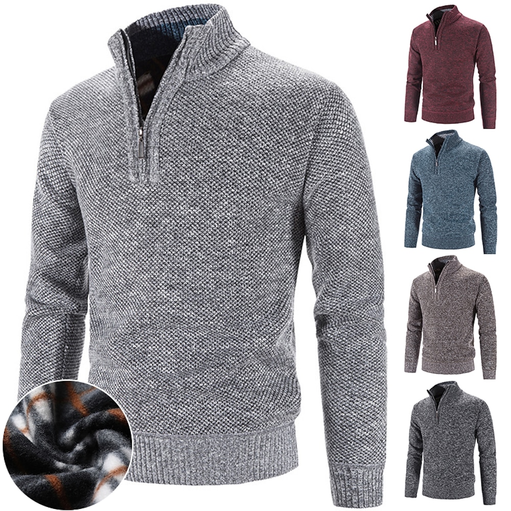 Herren Pullover Kleid Pullover Fleece Pullover Gerippt Stricken Standard Strick Feste Farbe Stehkragen warm halten Moderne zeitgenössische Arbeit Freizeitskleidung Bekleidung Frühling Herbst Rote Lightinthebox