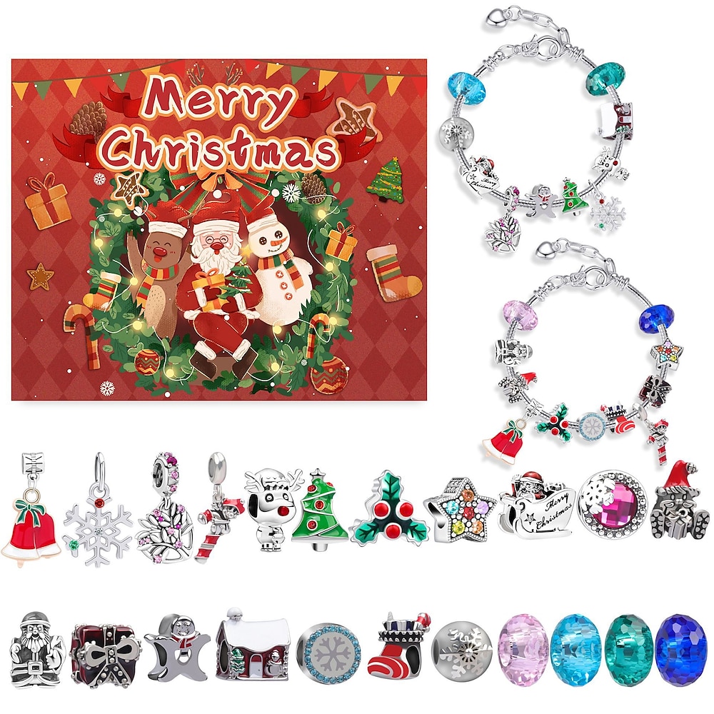 Adventskalender 2024, Weihnachts-Charm-Armband, Countdown-Kalender für Mädchen, für Kinder, 24-Raster-Weihnachts-Countdown-Kalender, Überraschungsarmband, Schmuck-Blindbox, Armbänder als Lightinthebox