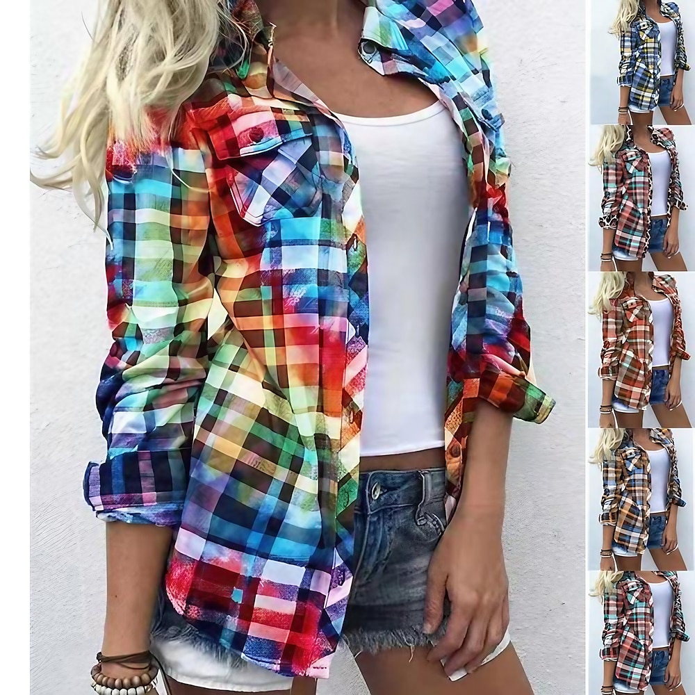 Damen Hemd Bluse Hütte Gelb Rote Blau Plaid Farbblock Taste Bedruckt Langarm Täglich Wochenende Strassenmode Brautkleider schlicht Hemdkragen Standard S Lightinthebox