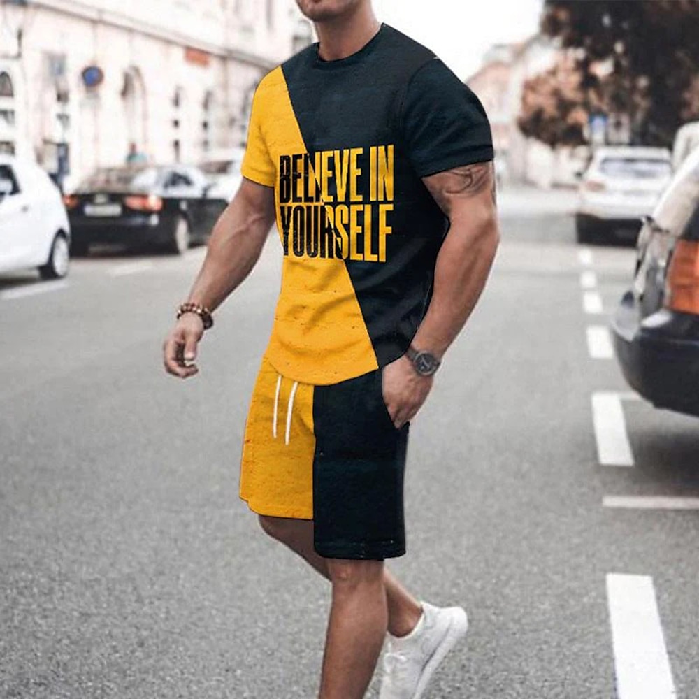 Herren Sommer Frühling Buchstabe Grafikdrucke 2St T-Shirts-Sets Shorts und T-Shirt-Set T-Shirt-Outfits Kurzarm Rundhalsausschnitt Basic Klassisch Bequem Outdoor Straße Täglich 3D-Druck Gelb Lightinthebox