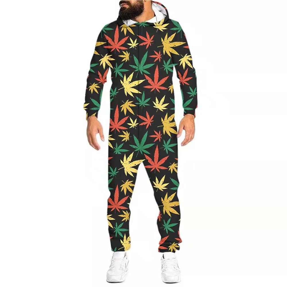 Herren Hausanzug Overall Pyjamas-Einteiler Blätter Einfach Casual Komfort Heim Täglich Baumwolle Komfort Atmungsaktiv Kapuzenpullover Langarm Tasche Herbst weißes Puder Schwarz Lightinthebox