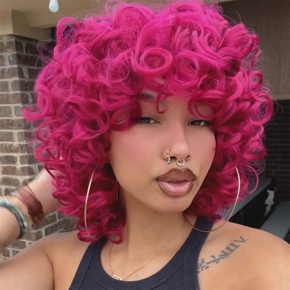 Pinke lockige Perücken für schwarze Frauen 14 kurze lockere lockige Perücke mit Pony Yosilady Synthetisches lockiges Afro-Haar Pinke lockige Bob-Perücke Weiche und volle niedliche große lockige Lightinthebox