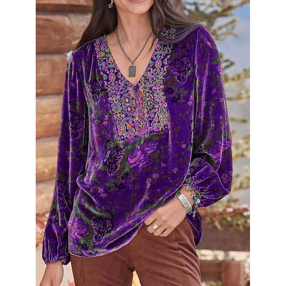 Damen Hemd Boho-Shirt Bluse velvet Blumen Bedruckt Party Weihnachten Neujahr Basic Langarm V Ausschnitt Gelb Frühling Herbst Lightinthebox