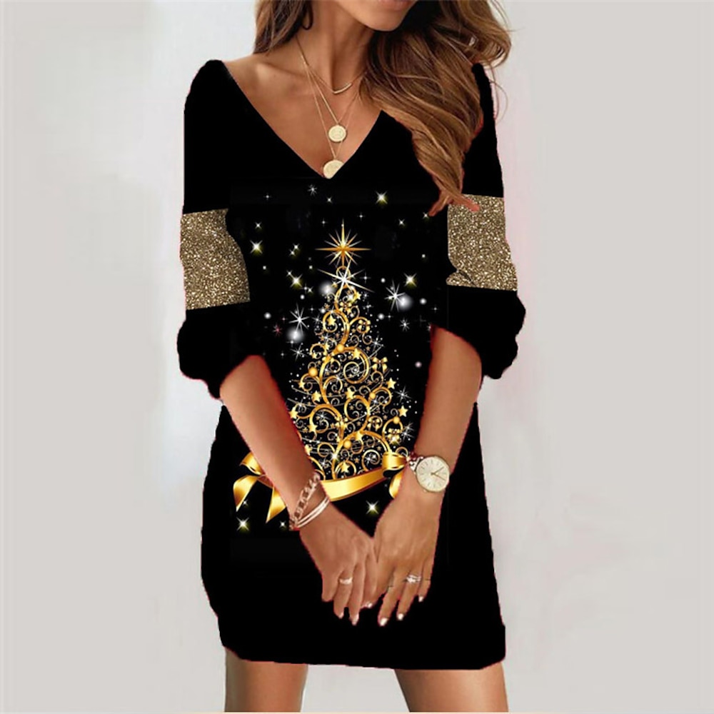 Damen Weihnachtskleid Sweatshirt-Kleid Minikleid Stilvoll Brautkleider schlicht Weihnachten Festtage Urlaub V Ausschnitt Bedruckt Weihnachtsbaum 2023 Lockere Passform Rote Gold Grün S M L XL XXL Lightinthebox