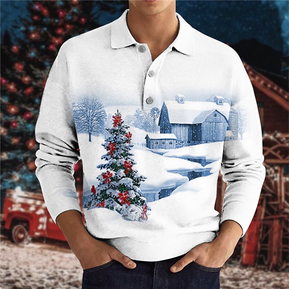 Weihnachten Herren Weihnachtsszene 3D Polo Golf Baum Grafikdrucke Haus Turndown gelb blau lila grün grau 3D Druck Straße Langarm Druck Button-Down Kleidung Bekleidung Modedesigner lässig Lightinthebox