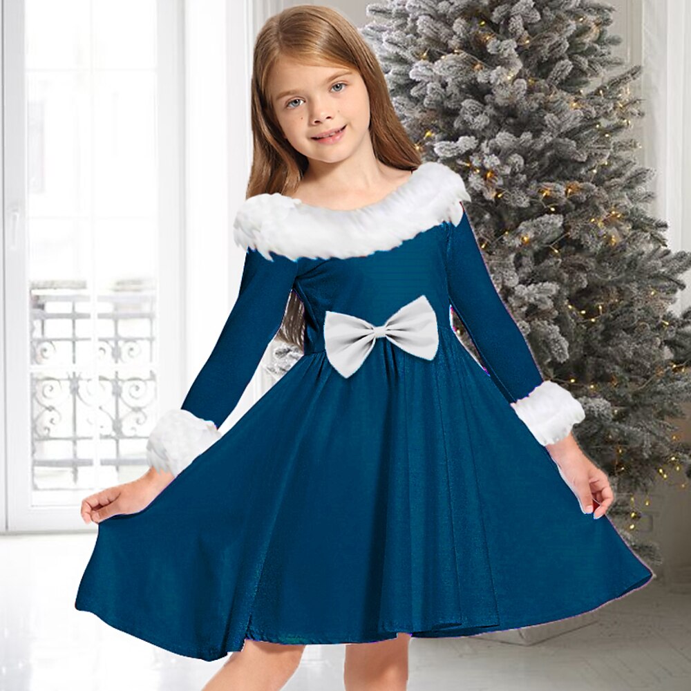 kinderkleidung Mädchen Kleid Feste Farbe Langarm Casual Pelzkragen Rundhalsausschnitt bezaubernd Täglich Polyester Übers Knie Casual kleid Schaukelkleid A Linie Kleid Herbst Winter 2-13 Jahre Schwarz Lightinthebox