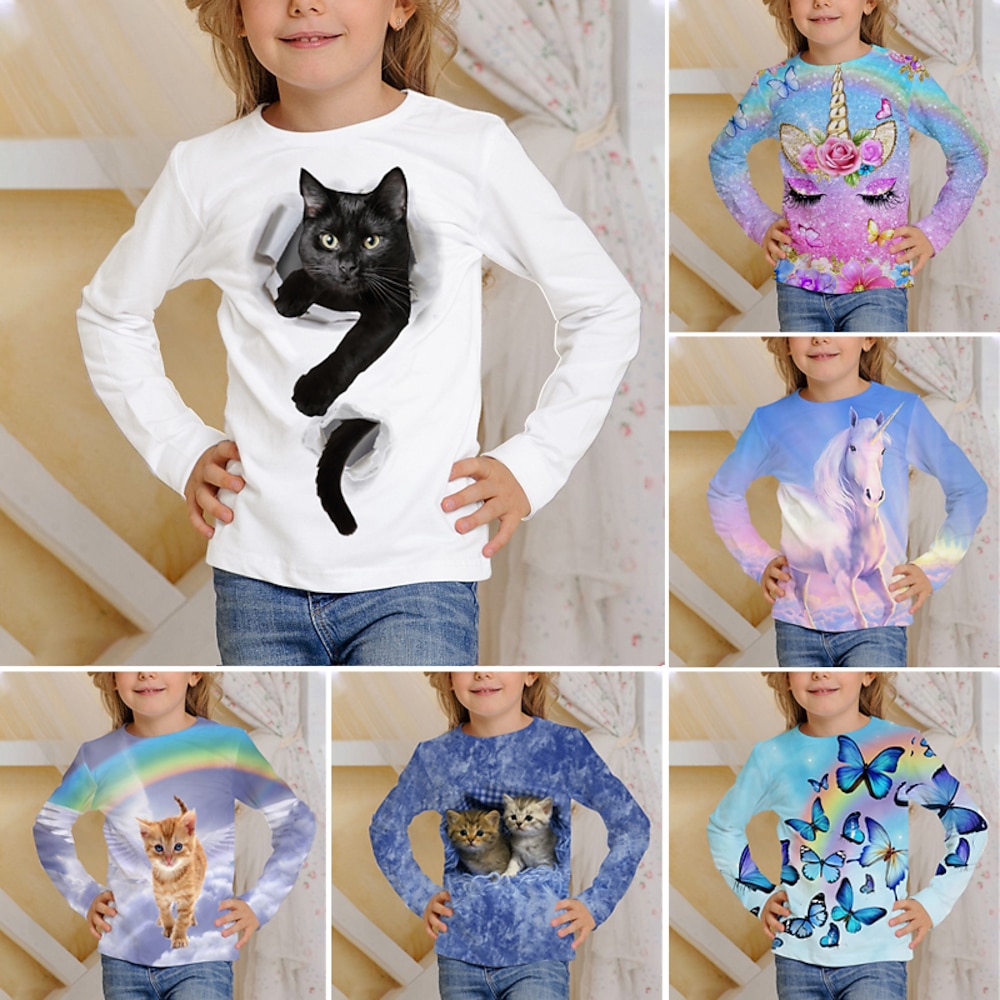 Mädchen 3D Tier Katze T-Shirt Langarm 3D-Druck Herbst Winter Aktiv Sport Modisch Polyester kinderkleidung 3-12 Jahre Outdoor Täglich Regular Fit Lightinthebox