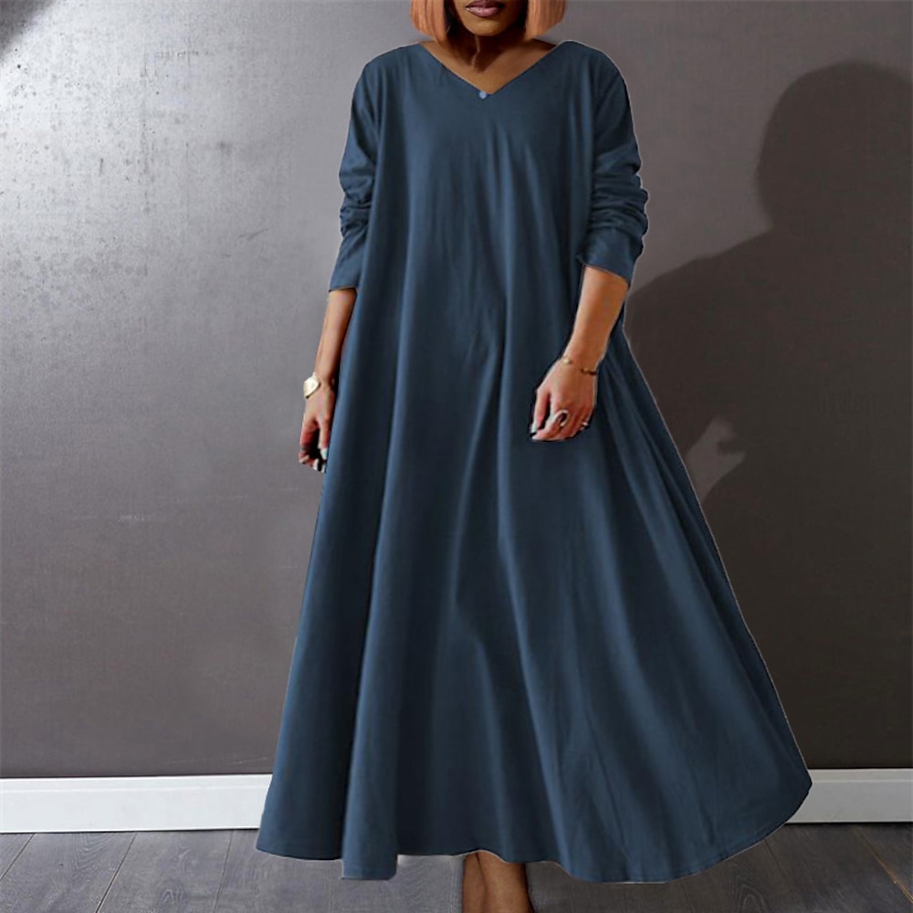 Damen-Freizeitkleid in Übergröße, reine Farbe, V-Ausschnitt, lange Ärmel, Winter, Herbst, Basic, lässig, Maxi-langes Kleid, tägliches Urlaubskleid Lightinthebox