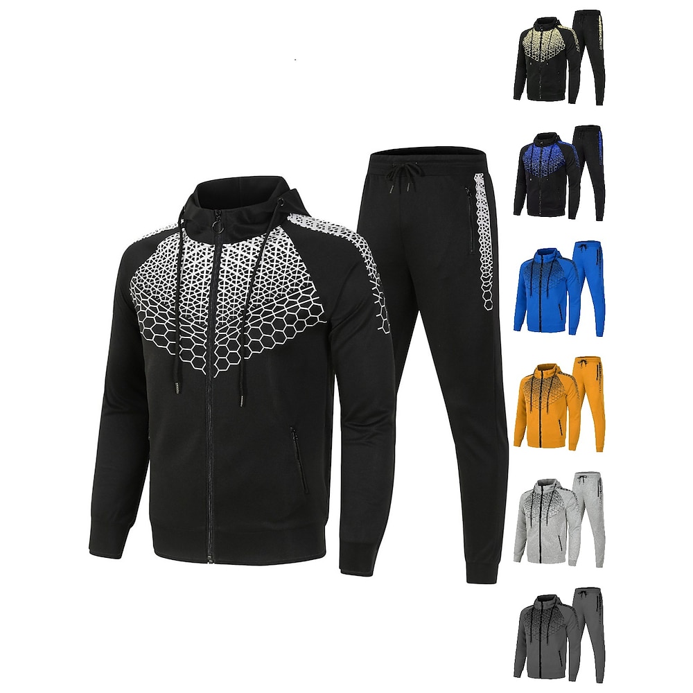 Herren Trainingsanzug Jogginganzug 2 teilig Full Zip Casual Winter Langarm warm Atmungsaktiv Feuchtigkeitsableitung Fitness Fitnesstraining Laufen Sportbekleidung Sportkleidung Marineblau Schwarz Weiß Lightinthebox