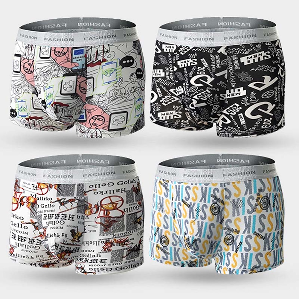 Herren 4 Packung Unterwäsche Kurze Boxershorts Unterwäsche Unterwäsche Boxer Bedruckt Nylon Antibakteriell Buchstabe Grafik-Drucke Mittlere Taillenlinie CartoonSchwarz WeißMotorradBlau Gelb Lightinthebox