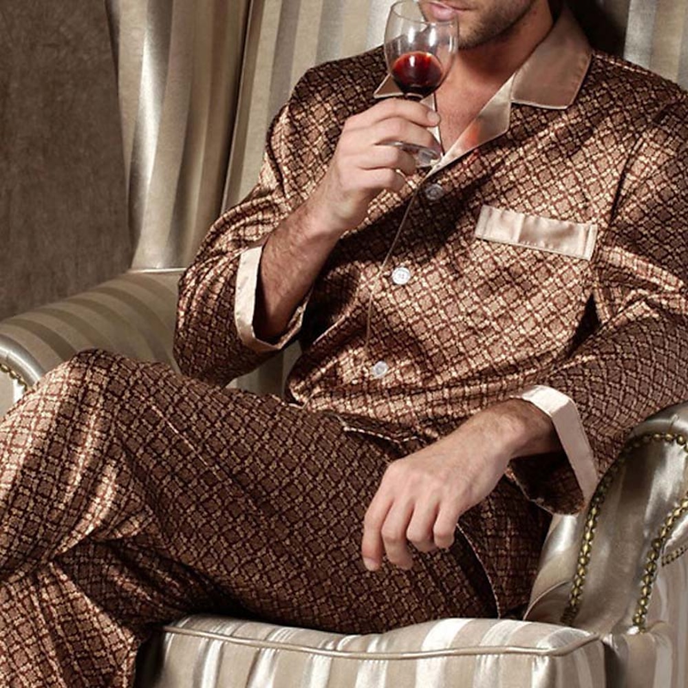 Herren Schlafanzüge Pyjama-Oberteil und Hose Pyjama aus Seide 2 Stück Grafik-Drucke Einfach Komfort Heim Täglich Kunstseide Atmungsaktiv Kargen Langarm Hose Tasche Sommer Frühling Champagner Wein Lightinthebox