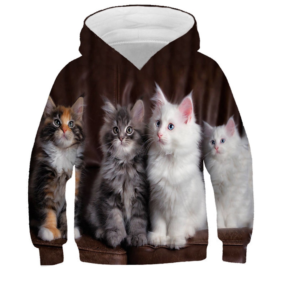 kinderkleidung Mädchen Kapuzenshirt Katze Casual Langarm Aktiv Baumwolle 7-13 Jahre Herbst Mehrfarbig Schwarz Weiß Lightinthebox