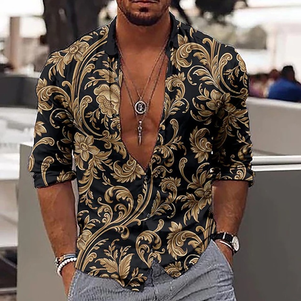 Herren Blumen Hemd Langarm Modisch Designer Brautkleider schlicht Outdoor Casual Täglich Sommer Frühling Umlegekragen Bedruckt Button-Down Schwarz Gold Lightinthebox