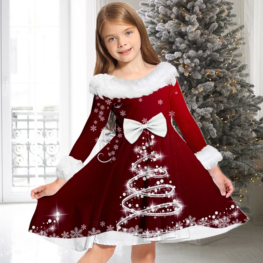 kinderkleidung Mädchen Weihnachtsoutfit Kleid Schneeflockenkleid Weihnachtsbaum Weihnachtsglocke Langarm Casual Pelzkragen Rundhalsausschnitt bezaubernd Täglich Polyester Übers Knie Casual kleid Lightinthebox