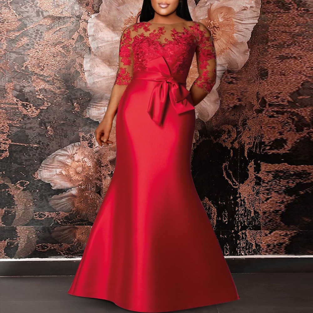 Meerjungfrau-Kleid, rot-grün, Übergröße, geschwungene Abendkleider, Übergrößen, Kleid für formelle Hochzeitsgäste, bodenlang, halbe Ärmel, Rundhalsausschnitt, Satin mit Applikationen, Riemchen, 2025 Lightinthebox