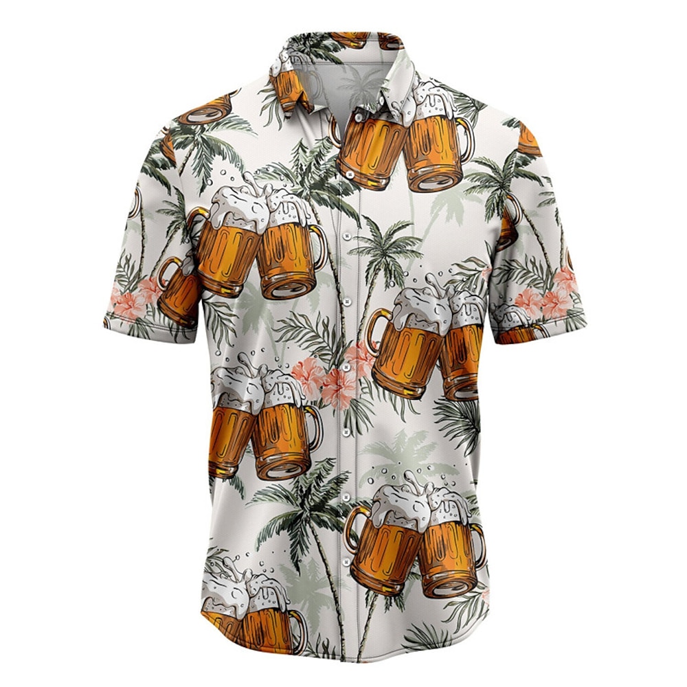 Herren Grafik-Drucke Bier Blätter Hemd Hawaiihemd Sommerhemd Aloha-Shirt Kurzarm Tropisch Modisch Hawaiianisch Strasse Casual Hawaiianisch Sommer Frühling Umlegekragen Bedruckt Button-Down Gelb Rosa Lightinthebox