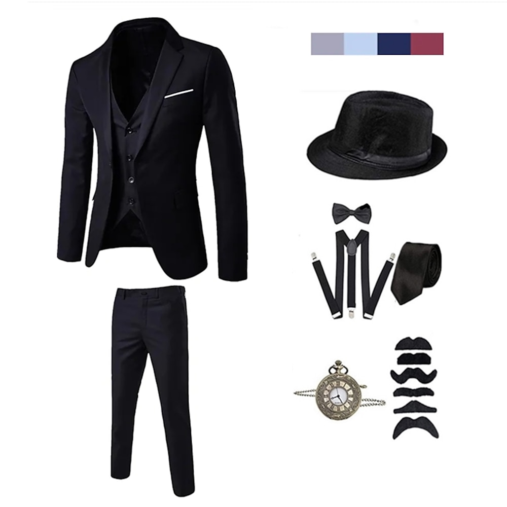 Vintage Goldene Zwanziger 1920er Outfits Anzüge Blazer Zubehörset Der große Gatsby Gentleman Einfarbig Halloween V Ausschnitt Herren Halloween Halloween Junggesellinnenabschiedsparty Erwachsene Lightinthebox