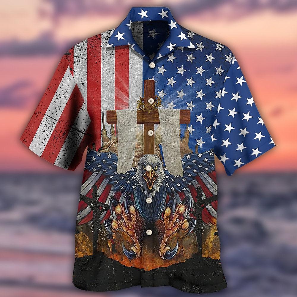 Amerikanischer Unabhängigkeitstag Herren Adler Amerikanische Flagge Hemd Kurzarm Tropisch Modisch Hawaiianisch Casual Festtage Strand Sommer Frühling Umlegekragen Bedruckt Button-Down Schwarz Schwarz Lightinthebox