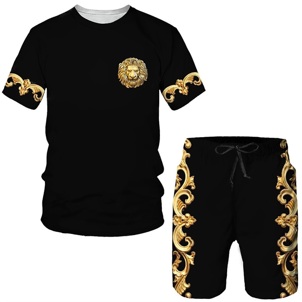 Herren Frühling Sommer Grafik 2St T-Shirts-Sets Passende Sets Kurzarm Kurze Hosen Rundhalsausschnitt Designer Lässig Bequem Outdoor Urlaub Täglich 3D-Druck Hellgelb Schwarz Gelb Lightinthebox