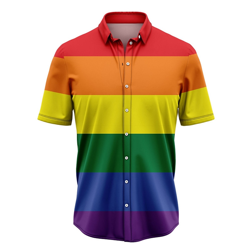 Herren Regenbogen Hemd Knopfhemd Kurzarm Tropisch Modisch Hawaiianisch Casual Strand Sommer Frühling Umlegekragen Bedruckt Button-Down Schwarz / Rot Schwarz Rote Regenbogen Lightinthebox