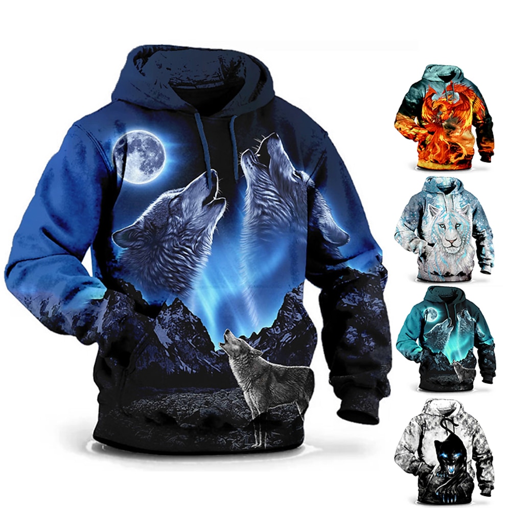 Herren Wolf 3D-Druck Hoodie Sweatshirt Kapuze Pullover mit Kapuze Sweatshirt Hoodies Langarm Sweatshirt mit Kapuze Mit Kapuze Modisch Arbeit Freizeitskleidung Urlaub Graues Grün Schwarz und weiss Lightinthebox