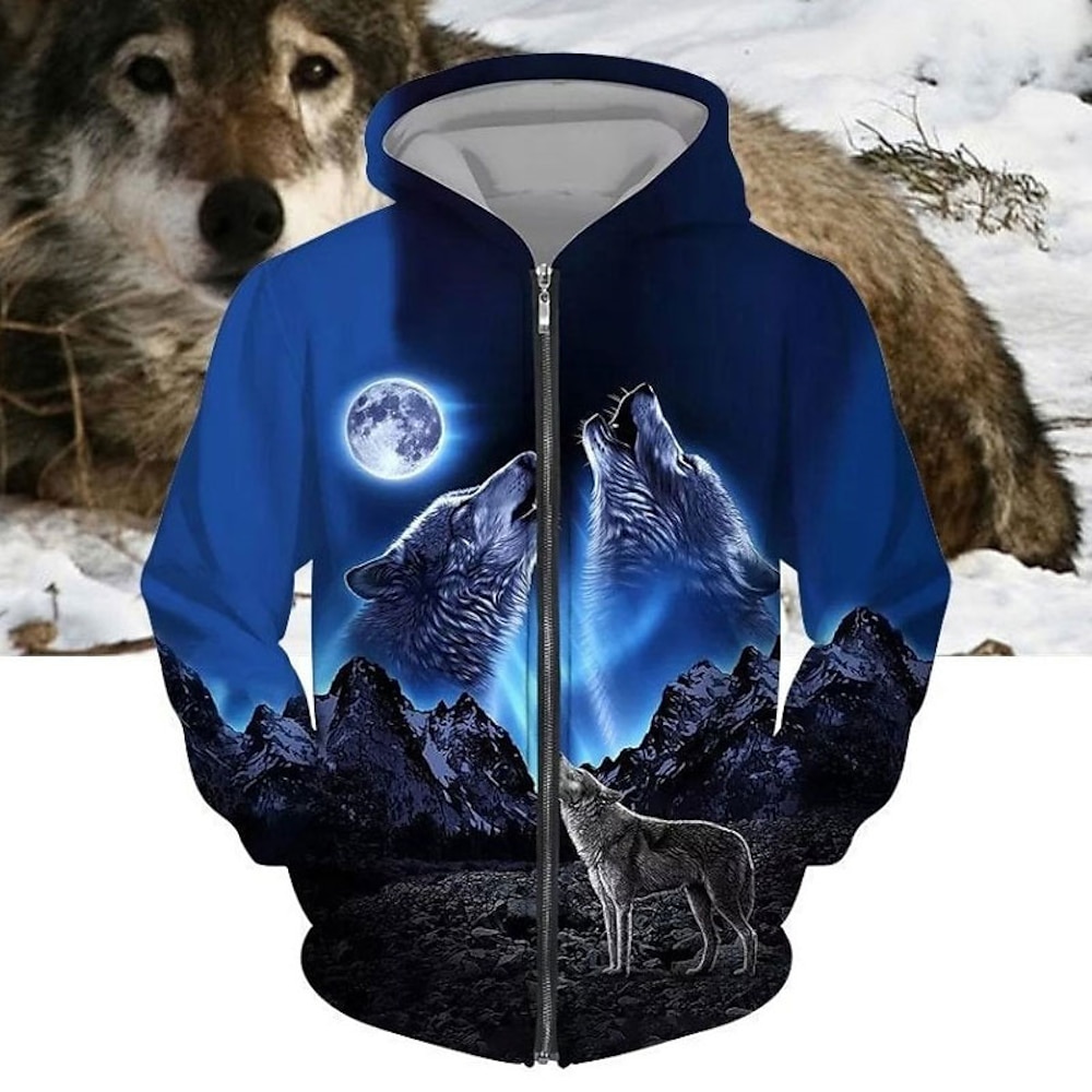 Herren Wolf Grafik-Drucke Hoodie Sweatshirt Kapuze Hoodies Pullover Kapuzenshirt mit durchgehendem Reißverschluss Langarm Sweatshirt mit Kapuze Mit Kapuze Strassenmode 3D-Druck Sport Natur Täglich Lightinthebox