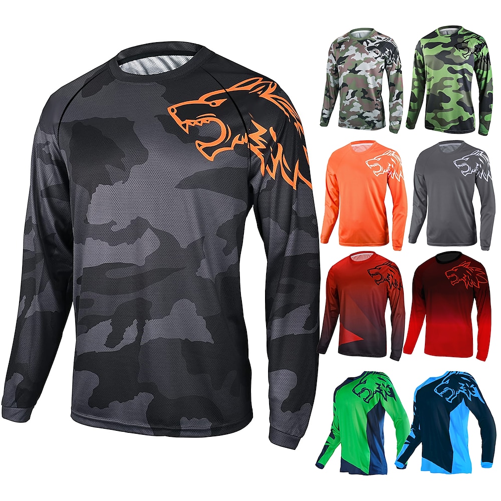 Herren Downhill Jersey Langarm Fahhrad Trikot Shirt mit 3 Gesäßtaschen MTB Mountain Rennrad Atmungsaktiv Schnelltrocknend Feuchtigkeitsableitung Weich Schwarz Gelb Armeegrün Wolf camuflaje Polyester Lightinthebox