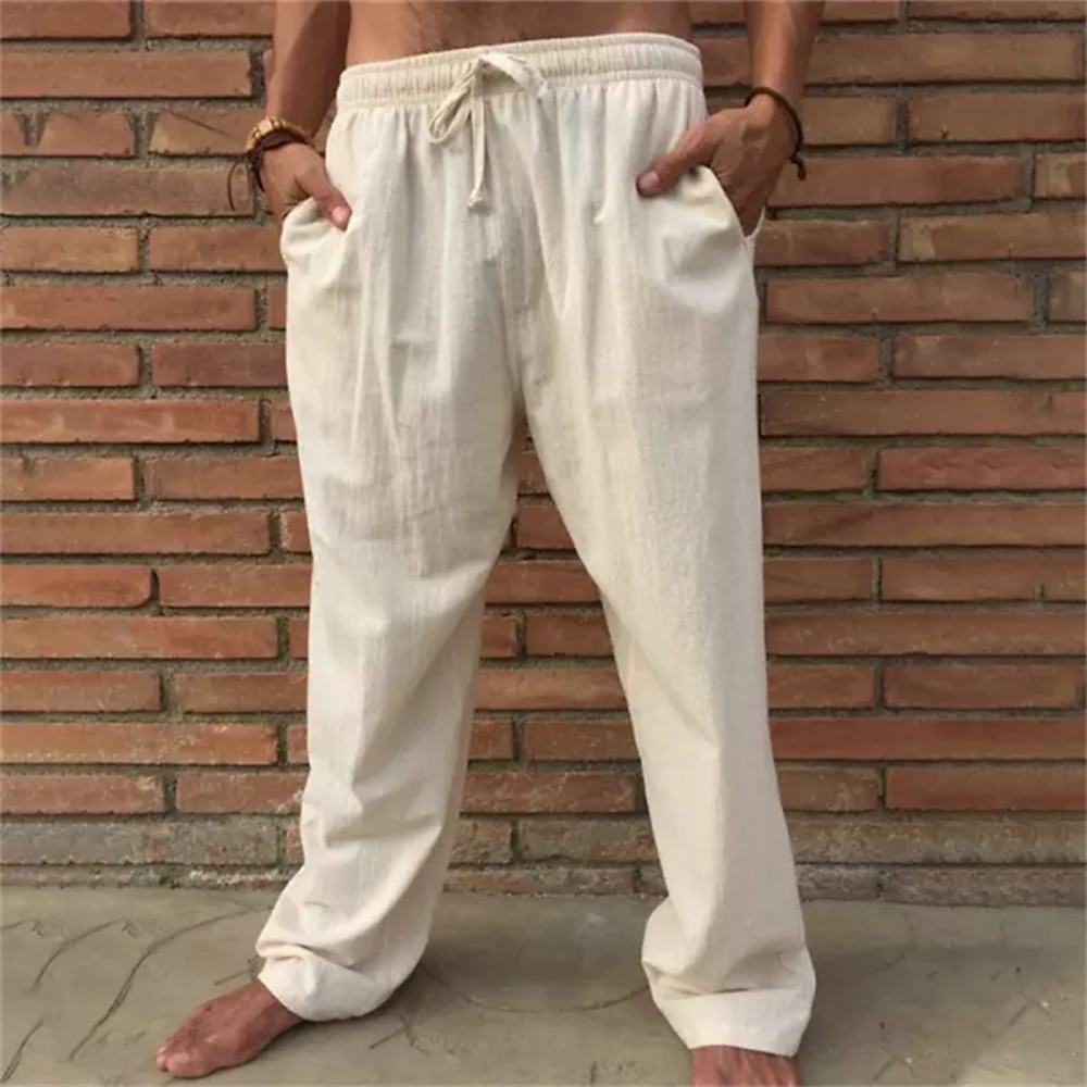 Herren Leinenhose Hose Hosen Sommerhosen Strandhose Kordelzug Elastische Taille Gerade geschnitten Glatt Komfort Outdoor Casual Täglich Strassenmode Stilvoll Braun Khaki Lightinthebox