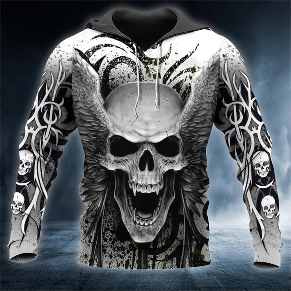 Herren Totenkopf Motiv Grafik-Drucke Hoodie Sweatshirt Kapuze Hoodies Pullover Hoodie Sweatshirt Kapuze Langarm Sweatshirt mit Kapuze Mit Kapuze Strassenmode 3D-Druck Täglich Sport Grau Bedruckt Lightinthebox