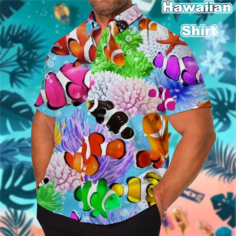 Herren Tropisch Fische Clownfisch Hawaiihemd Sommerhemd Aloha-Shirt Kurzarm Hemd Umlegekragen Tropisch Modisch Hawaiianisch Outdoor Urlaub Strasse Königliches Blau Blau S M L Lightinthebox