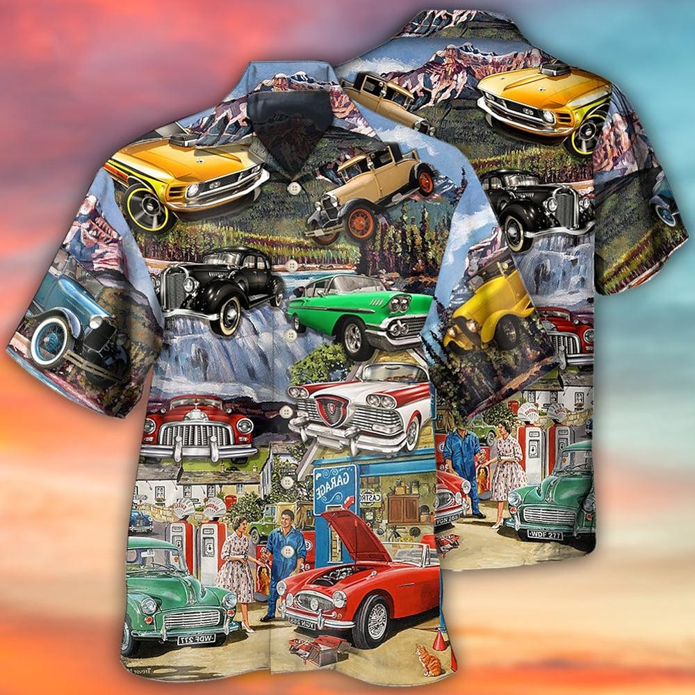 Herren Auto Hemd Hawaiihemd Sommerhemd Aloha-Shirt Kurzarm Hemd Umlegekragen Tropisch Modisch Hawaiianisch Casual Hawaiianisch Festtage Rote Blau Purpur S M L Lightinthebox