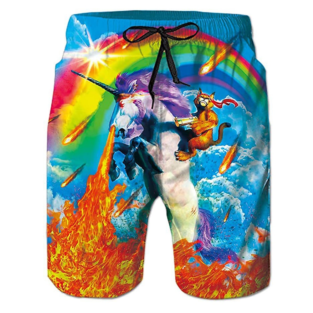 Herren Graphic Karikatur Einhorn Badeshorts Boardshorts Badeshorts Badehose Schwimmshorts Mittlere Taillenlinie Strassenmode Hawaiianisch Boho Casual Täglich Festtage Kordelzug Elastische Taille Lightinthebox