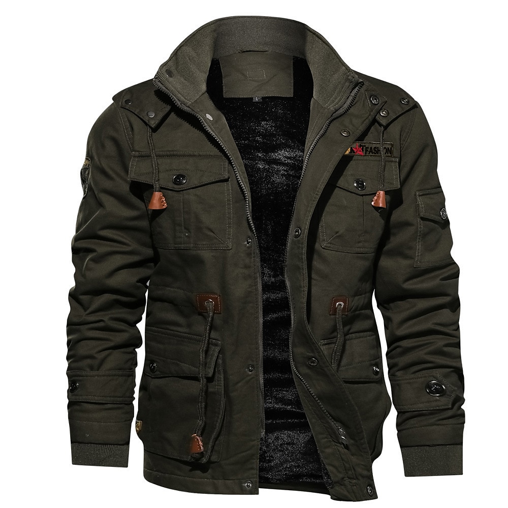 Herren Winterjacke Wintermantel Jacke Outdoor Strasse Windundurchlässig warm halten Kordelzug Winter Einfarbig Modisch warm halten Ständer Standard Baumwolle Vlies Schwarz Armeegrün Khaki Jacken Lightinthebox