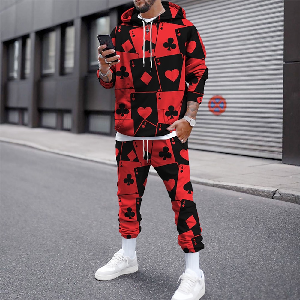 Herren Graphic Poker 2St Hoodies Langarm Lange Hosen 3D Sweatshirt-Sets Mit Kapuze Strassenmode Designer Basic Sport Natur Casual Sport Bedruckt Schwarz und Weiß Hellgelb Rot Grau Lightinthebox