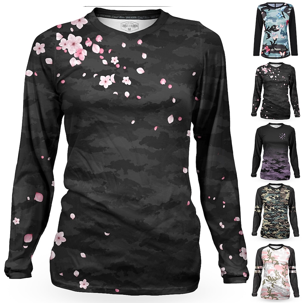 Damen Downhill Jersey Langarm MTB Mountain Rennrad Winter Schwarz Rosa Dunkellila Blumen Pflanzen Fahhrad Atmungsaktiv Schnelltrocknend Sport Mit Mustern Blumen Pflanzen Lustig Bekleidung Lightinthebox