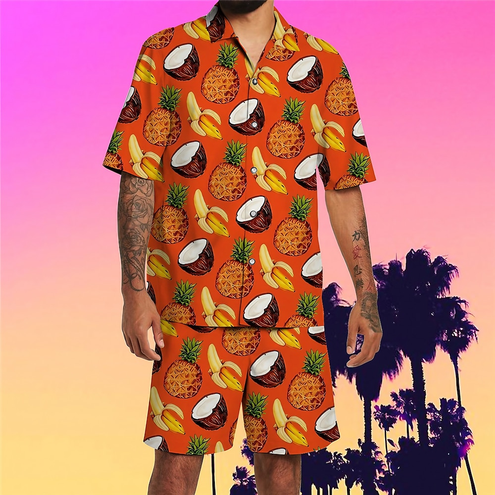 Herren Frucht Ananas Wassermelone 2St Hawaiihemd Sommerhemd Kurzarm Kurze Hosen Hemden-Sets Umlegekragen Tropisch Modisch Hawaiianisch Strasse Casual Hawaiianisch Bedruckt Weiß Orange Lightinthebox