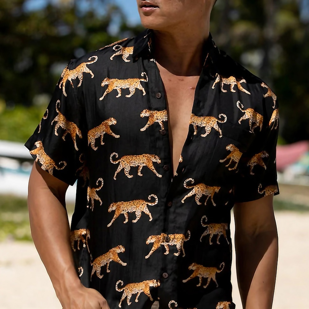 Herren Tier Leopard Hemd Hawaiihemd Sommerhemd Kurze Ärmel Hemd Umlegekragen Tropisch Modisch Hawaiianisch Outdoor Strasse Hawaiianisch Schwarz Braun Grün S M L Lightinthebox