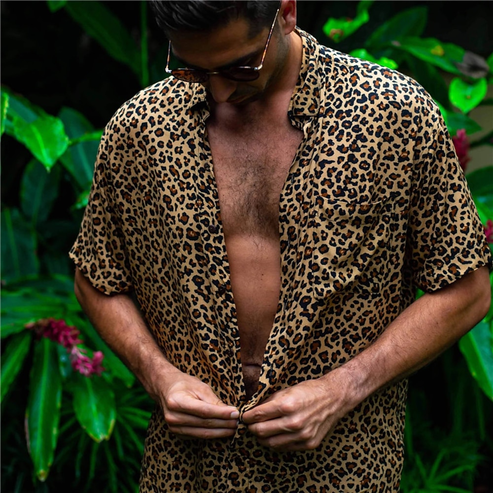 Herren Leopard Hemd Knopfhemd Kurzarm Tropisch Modisch Hawaiianisch Outdoor Strand Sommer Frühling Umlegekragen Bedruckt Button-Down Braun Lightinthebox