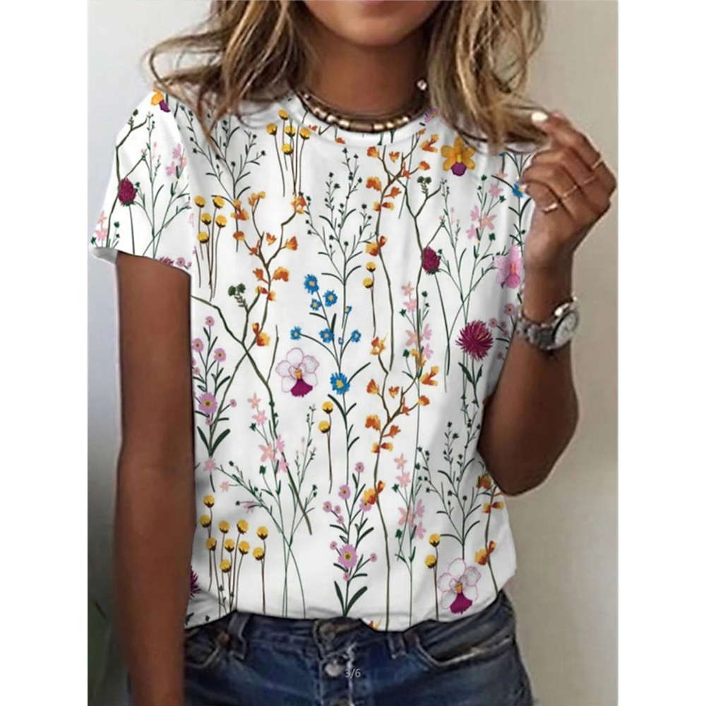 Damen T-Shirt Basic Blumen Patchwork Print Kurzarm Normal Oberteile Rundhals lässig Alltag Urlaub weiß Lightinthebox