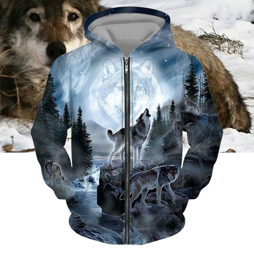 Herren Wolf Grafik-Drucke Hoodie Sweatshirt Kapuze Hoodies Pullover Kapuzenshirt mit durchgehendem Reißverschluss Langarm Sweatshirt mit Kapuze Mit Kapuze Strassenmode 3D-Druck Sport Natur Täglich Lightinthebox