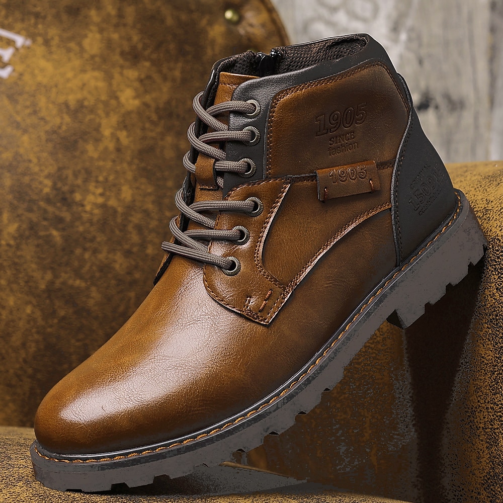 Herrenstiefelette aus braunem Kunstleder - robuster Arbeitsstiefel mit Schnürung und rutschfester Sohle für Outdoor Freizeit Lightinthebox